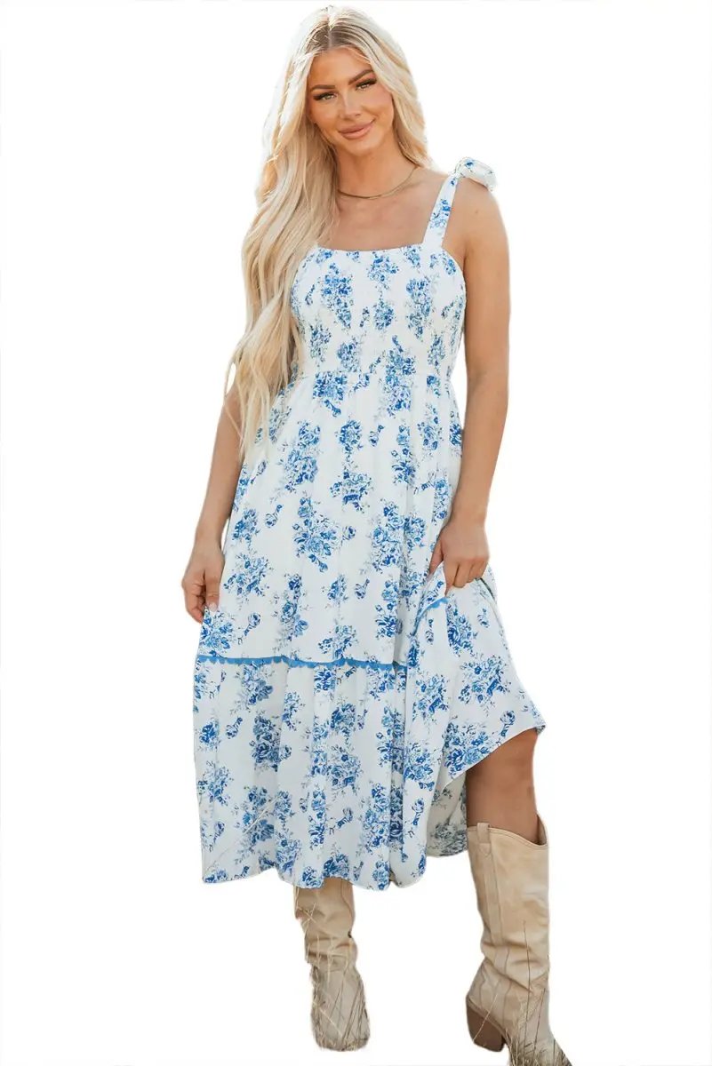 Sky Blue Floral Print Shirred Knot Shoulder Dress - Love Salve